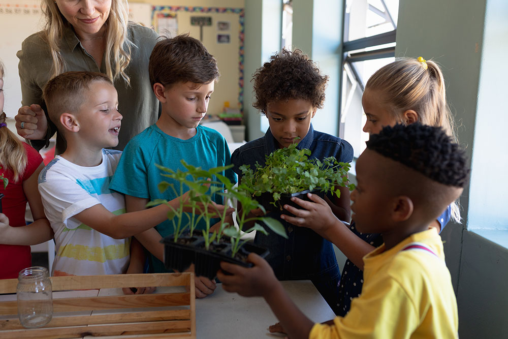 kids with teacher observing plants