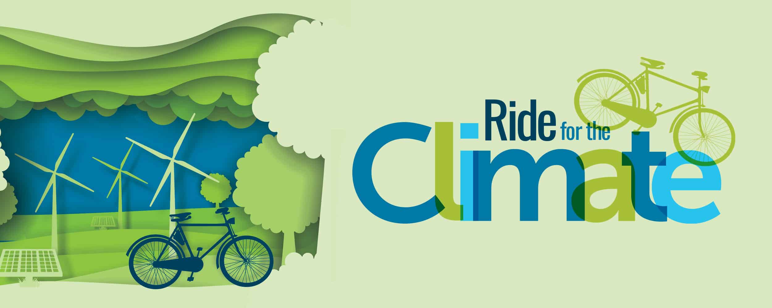 Green banner with Ride for Climate Logo