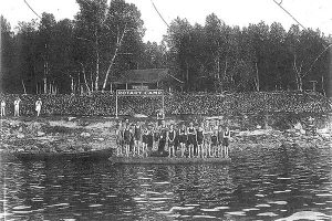 old photo of campers on dock