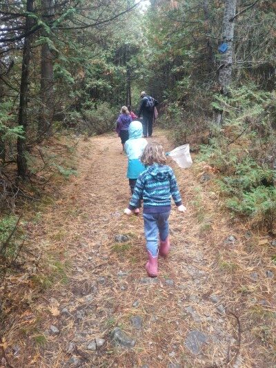 Children walking on a trail through a forest